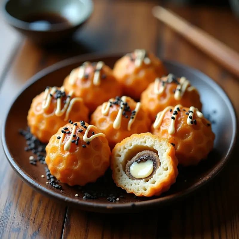 Tacoyaki Japonés Vegano con Relleno de Queso y Champiñones: Receta Callejera en Molde para Takoyaki