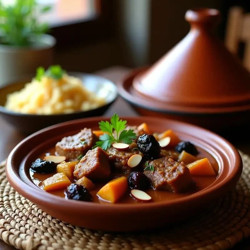 Tagine Marroquí de Cordero con Ciruelas y Pasas: Guiso Dulce-Salado en Olla de Barro