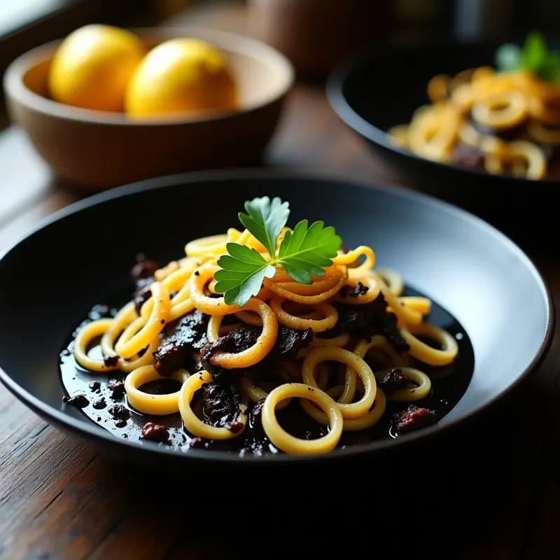 Tagliatelle de Calamar con Tinta Negra y Limón: Receta Italiana Gourmet en 20 Minutos