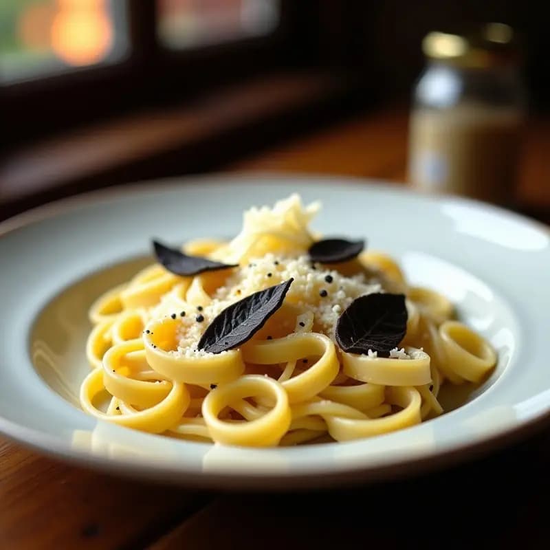 Tagliatelle al Tartufi: Pasta Italiana con Trufa Negra y Crema de Parmesano