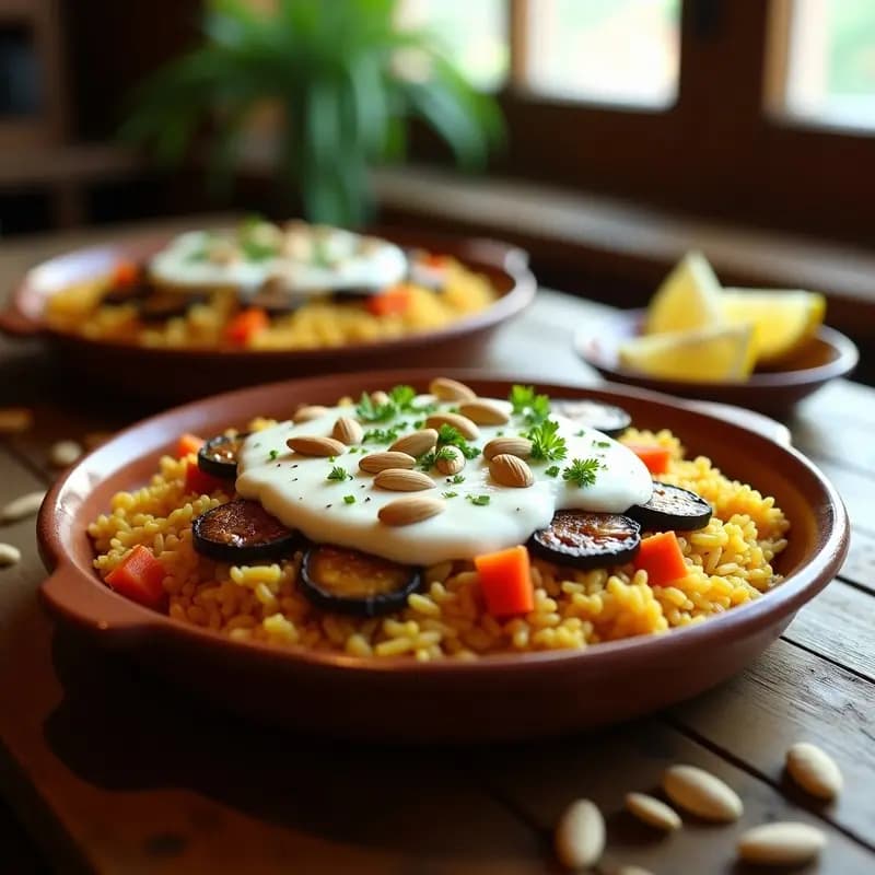 Tahchee de Berenjena: Guiso Persa de Arroz y Verduras con Salsa de Yogur