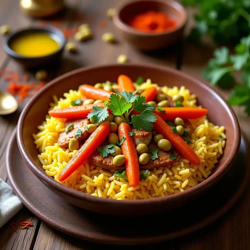 Tahdig Persa con Azafrán: Arroz Crujiente con Pollo y Zanahorias en Cazuela