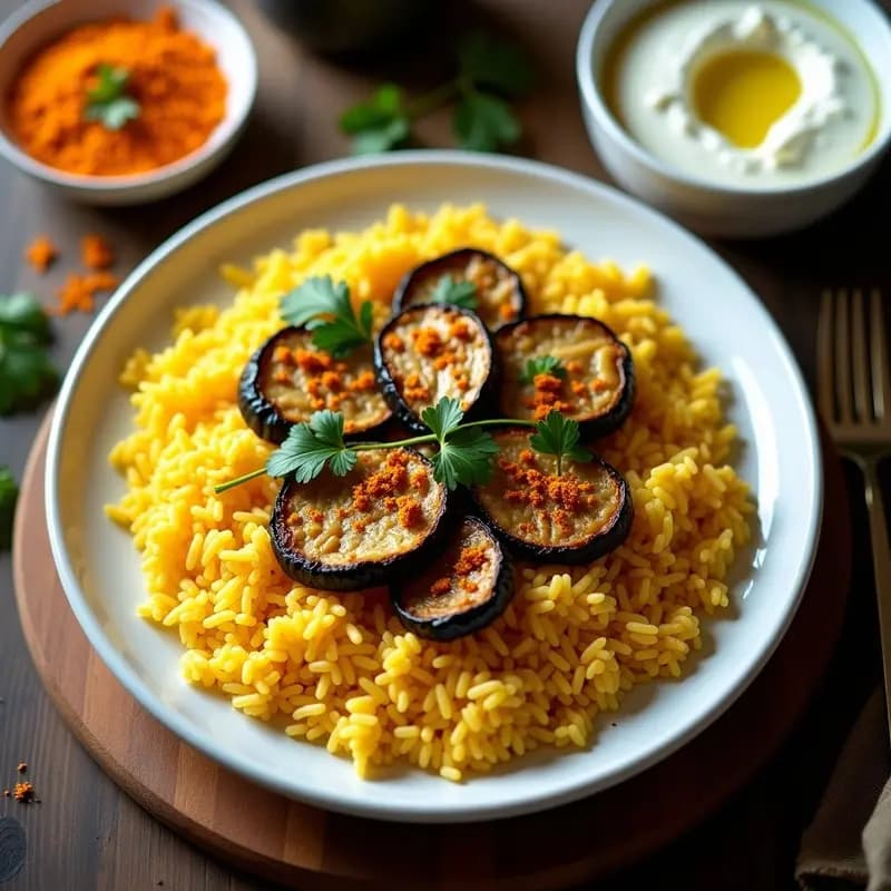 Tahdig Persa de Azafrán: Arroz Crujiente con Yogur y Berenjenas Asadas en 30 Minutos