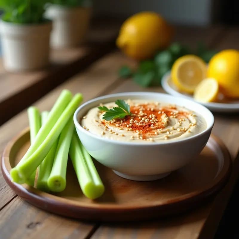 Tahini de Ajo Negro y Limón con Bastones de Apio: Dip Árabe Keto y Sin Lactosa