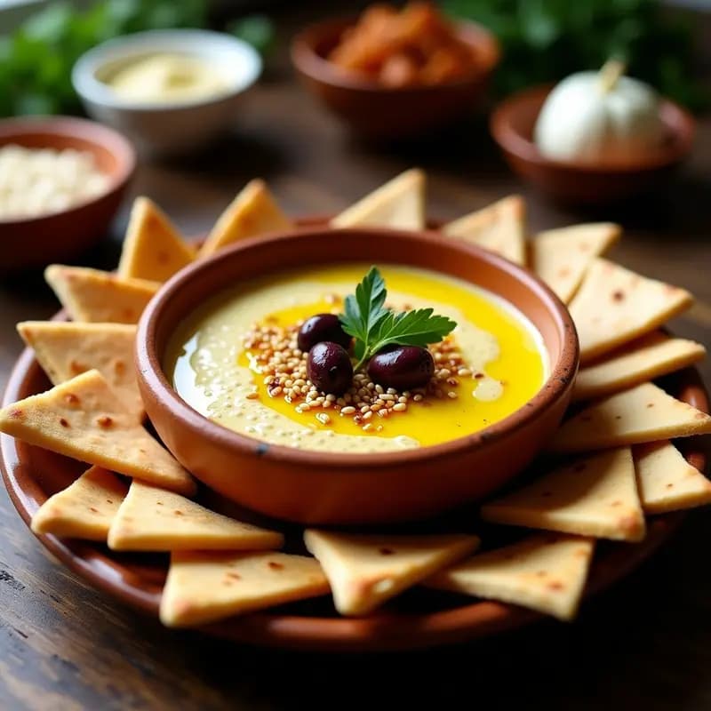Tahini de Azafrán con Pan de Pita y Aceitunas: Dip Árabe Gourmet y Sin Lácteos