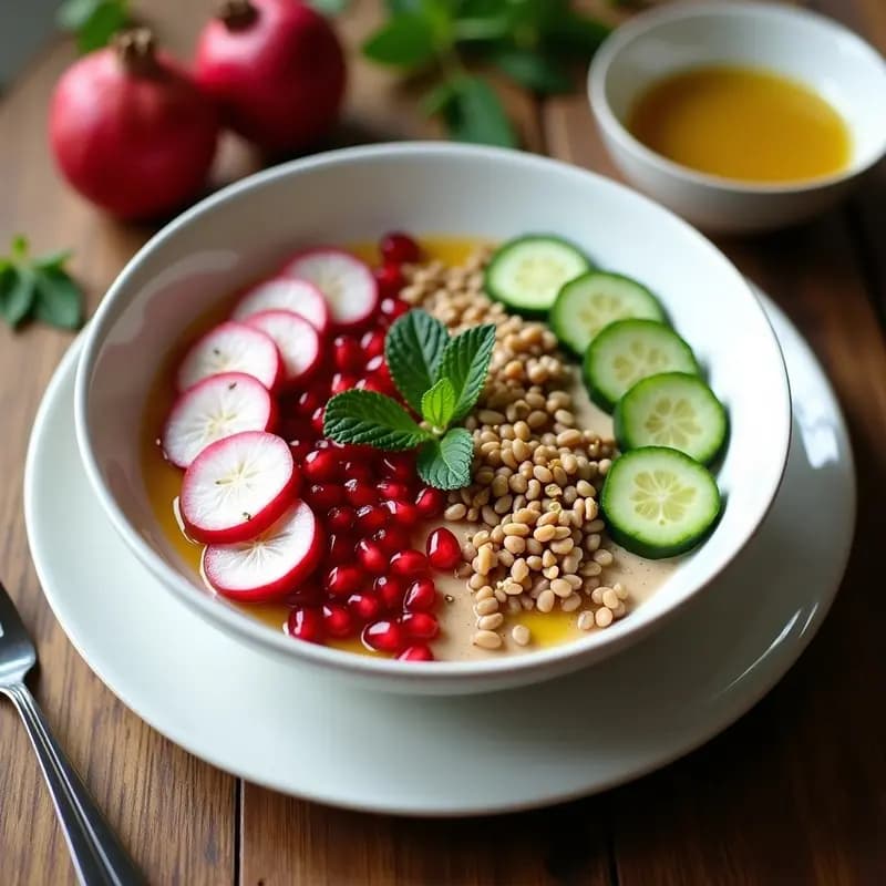Tahini Bowls con Granadas y Vinagreta de Limón: Desayuno Libanés Alto en Proteína
