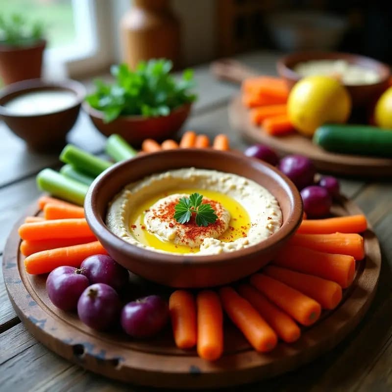 Tahini de Garbanzos y Limón con Crudités de Zanahoria Morada: Dip Libanés Sin Gluten y Vegano