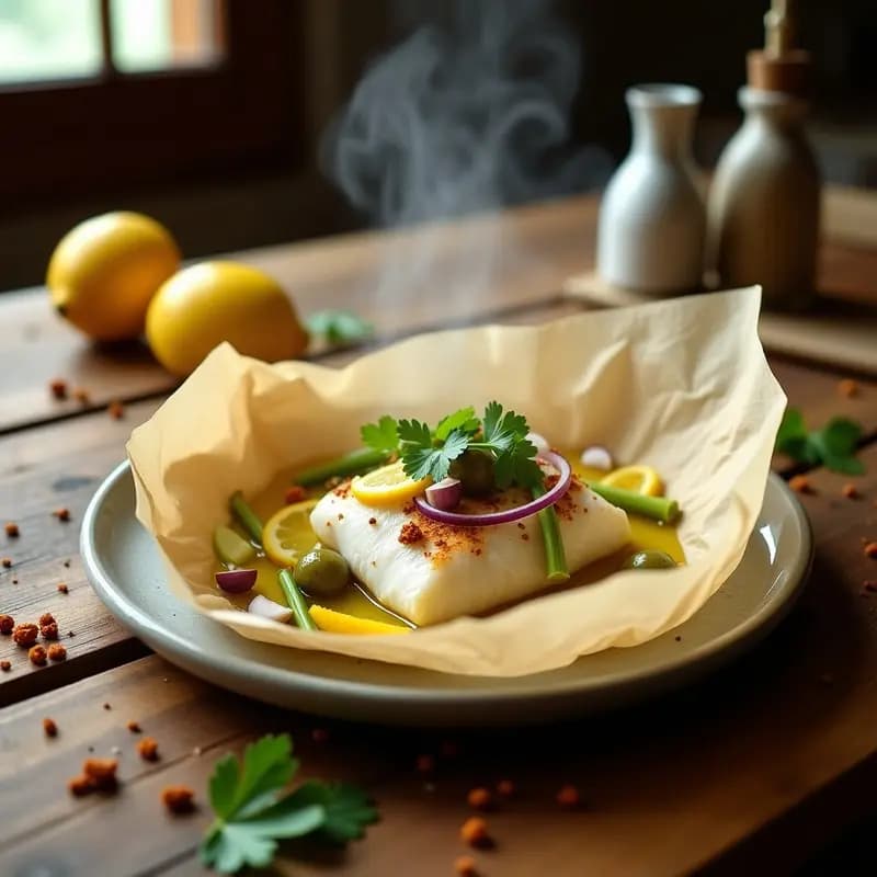 Tajín Árabe de Merluza con Limón Confitado y Aceitunas Verdes: Receta Magrebí en Papillote