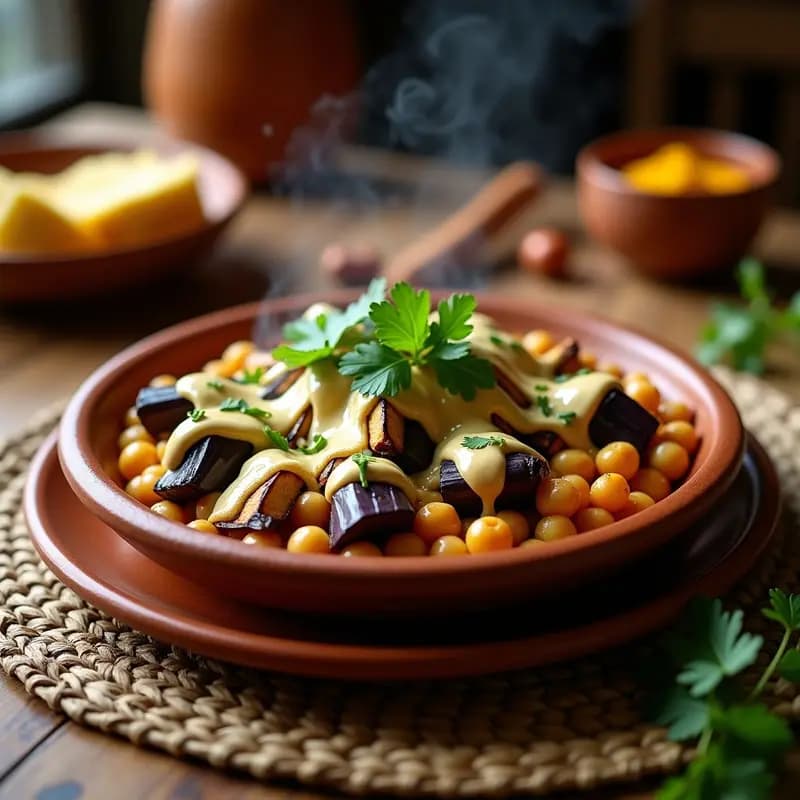 Tajín de Berenjena y Garbanzos con Salsa de Tahini: Receta Marroquí Vegana y Alta en Fibra