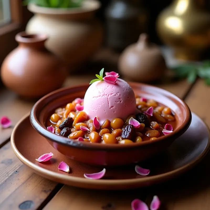 Tajín de Pasas y Almendras con Helado de Rosa: Postre Marroquí de Contrastes Dulces y Especiados