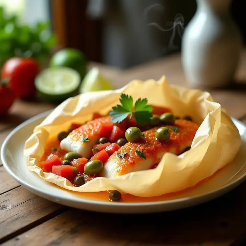 Tajín de Pescado a la Veracruzana: Receta Mexicana con Jitomate y Aceitunas en Papillote