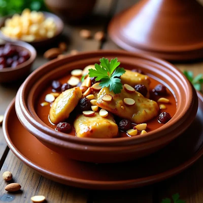 Tajín de Pollo con Almendras y Pasas: Plato Marroquí Dulce-Salado en una Olla