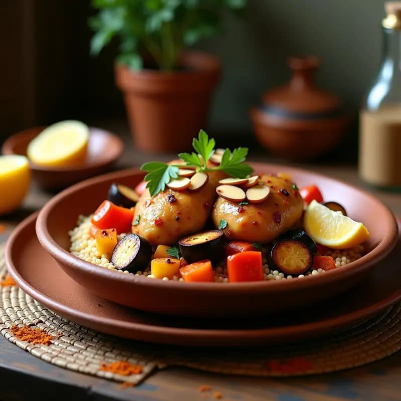 Tajín de Pollo con Ciruelas y Almendras: Receta Marroquí en Cuscús con Verduras Asadas