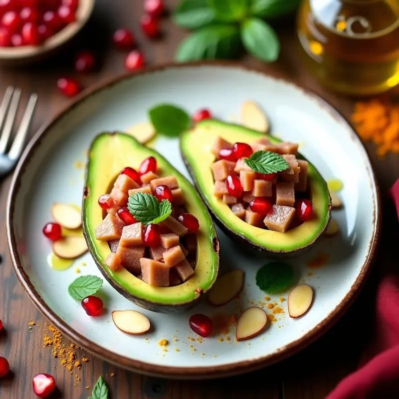 Tajín de Aguacate Relleno de Atún Picado y Granos de Granada: Receta Marroquí Fresca y Nutritiva