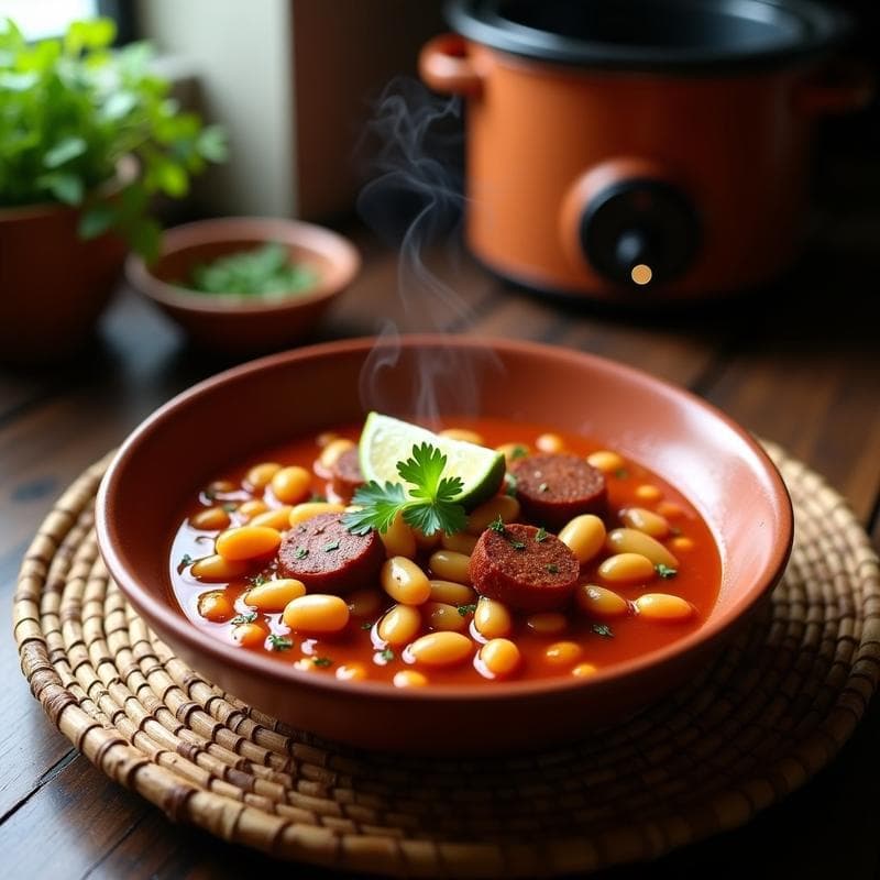 Tajín de Alubias Blancas con Chorizo Vegano y Pimentón: Receta Mexicana en Olla Lenta