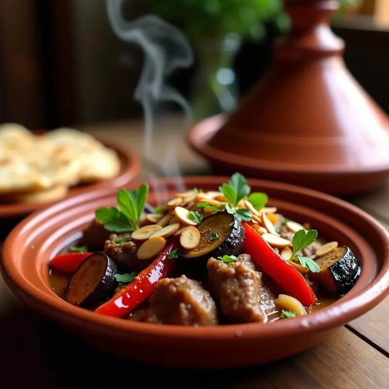 Tajine de Berenjena y Cordero: Receta Marocí con Especias Exóticas en Olla de Barro