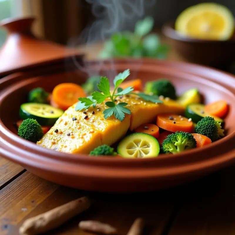 Tajín de Pescado con Vegetales al Vapor y Salsa de Cúrcuma: Receta Africana Baja en Calorías
