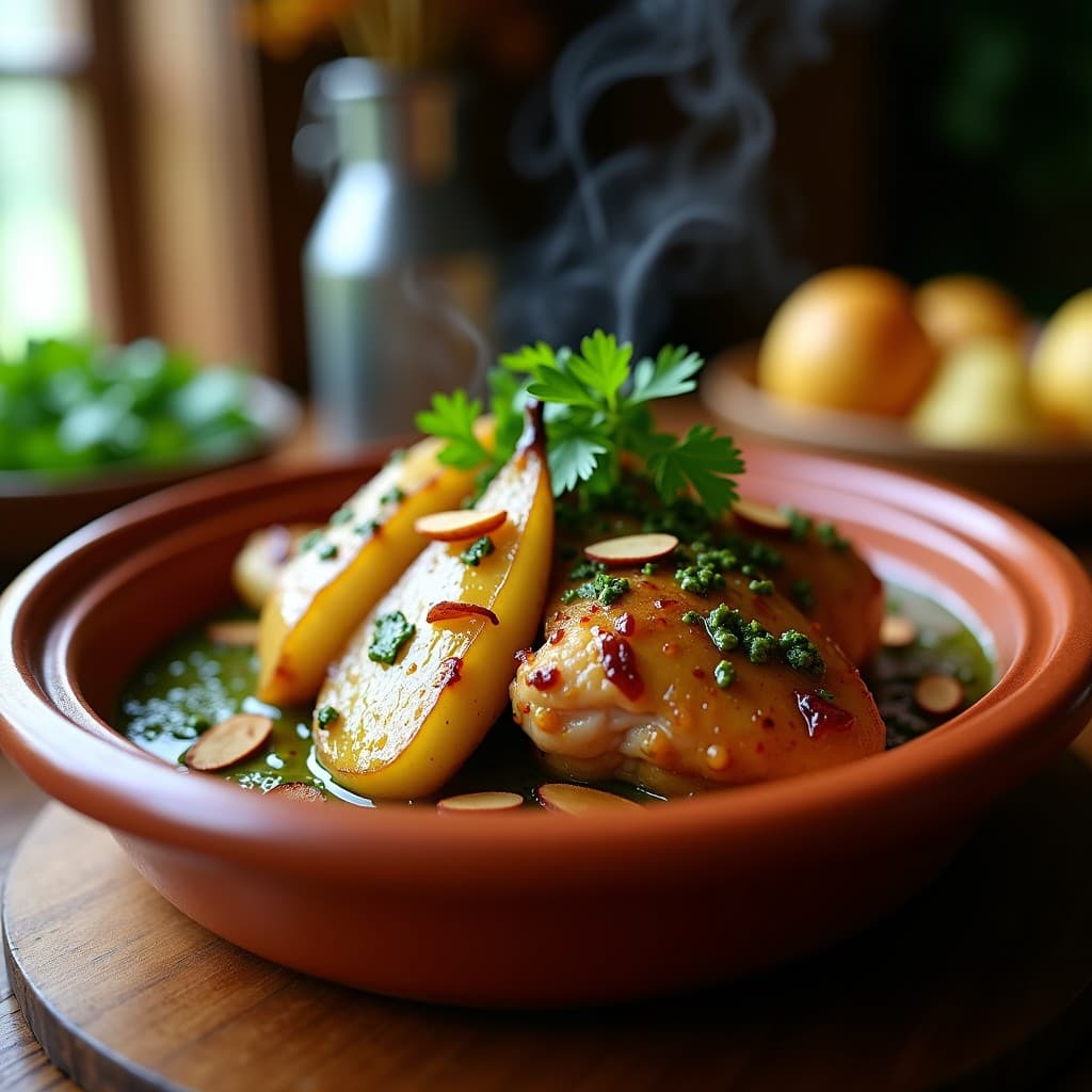 Tajín de Pollo al Chimichurri con Peras Caramelizadas: Receta Peruana Gourmet en Olla Lenta