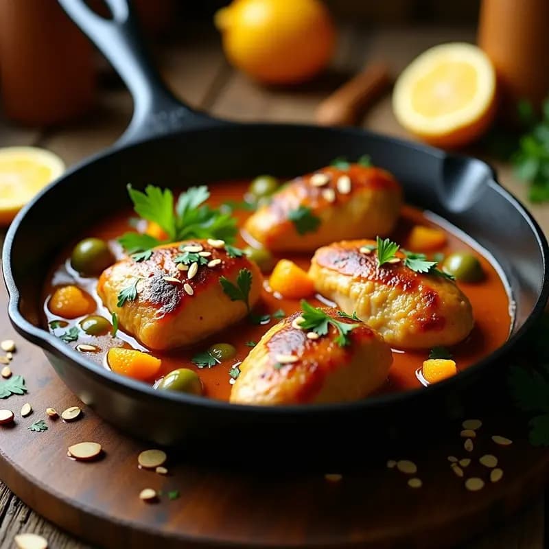 Tajín de Pollo con Cítricos y Aceitunas Verdes: Receta Marroquí en Una Solo Sartén
