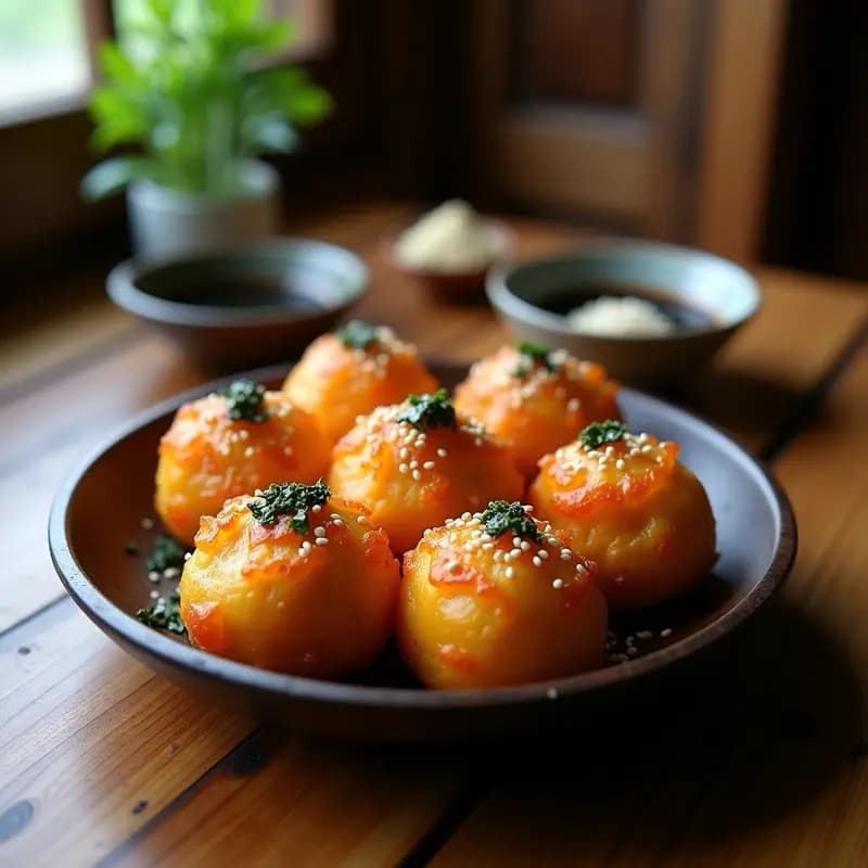 Takoyaki de Champiñones y Queso Vegano: Bolas Japonesas Crujientes en Sartén Especial
