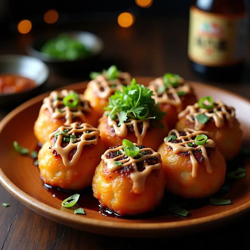 Takoyaki Japonés con Pulpo y Salsa Okonomiyaki: Entrante Callejero en Sartén Especial