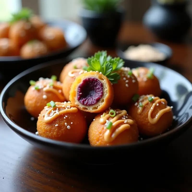 Takoyaki Japoneses de Camote Morado: Bolitas Crujientes con Salsa Teriyaki