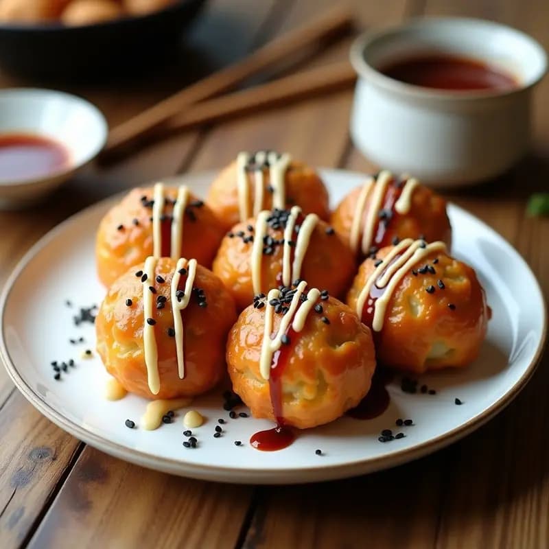 Takoyaki Vegano con Relleno de Champiñones y Salsa Okonomiyaki: Bolas Japonesas sin Mariscos