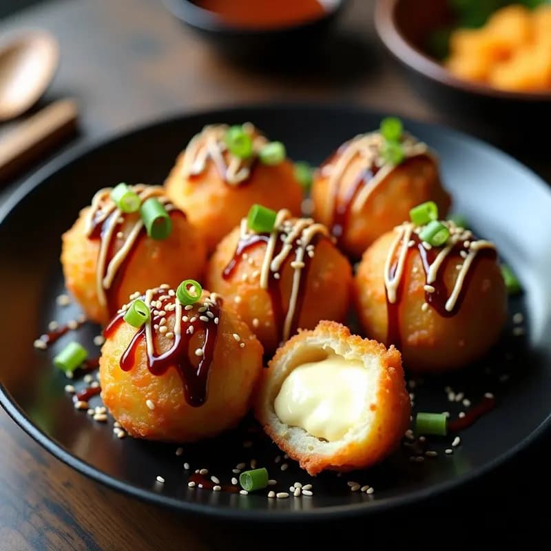 Takoyaki Vegano con Queso de Anacardos y Salsa Okonomiyaki: Bocados Japoneses Crujientes en Airfryer