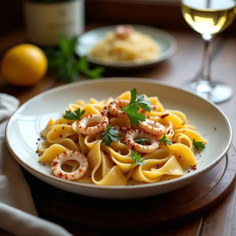 Talamone Italiano con Calamares y Ajo: Pasta Tradicional en 18 Minutos