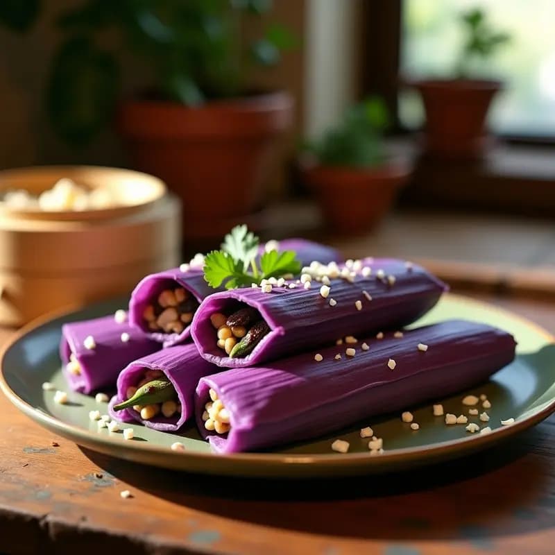 Tamales de Elote Morado con Relleno de Queso Cotija y Rajas: Receta Mexicana Sin Grasa
