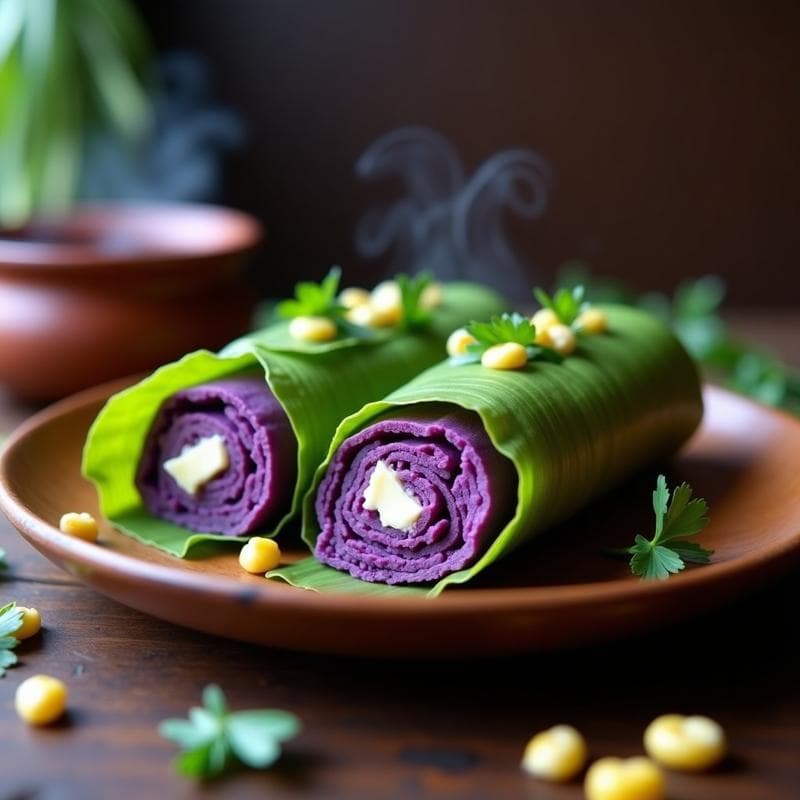 Tamales de Elote Morado con Queso de Soja y Hoja de Plátano: Receta Vegana Colombiana en Olla Express