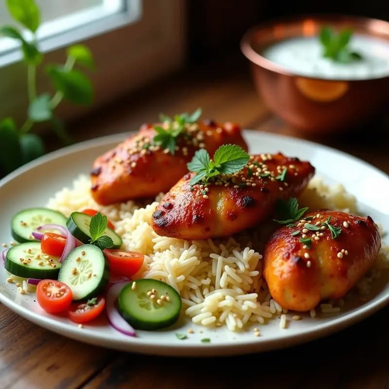 Tandoori Chicken con Arroz Basmati y Ensalada de Pepino: Receta India al Horno