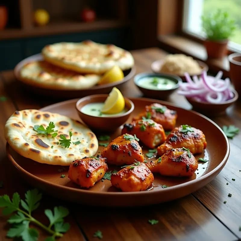 Tandoori Chicken Indio con Garlic Naan: Pollo Marinado al Yogur y Pan Plano