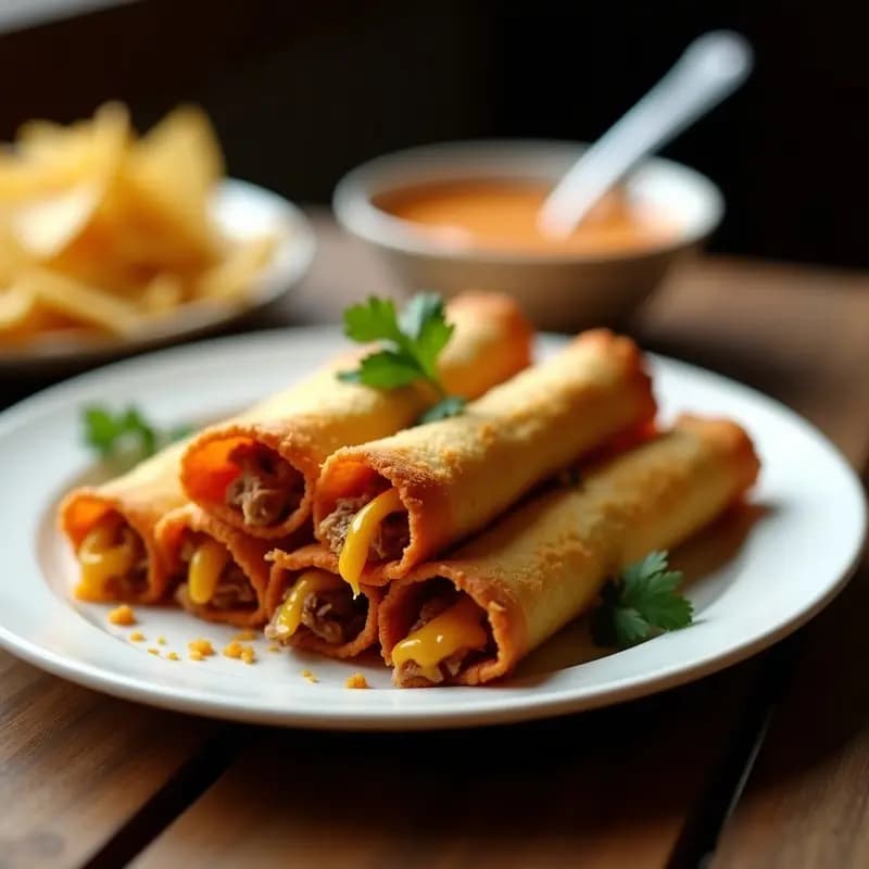 Taquitos Dorados de Carnitas con Queso y Salsa de Chipotle: Crujientes y Jugosos en Cada Mordisco