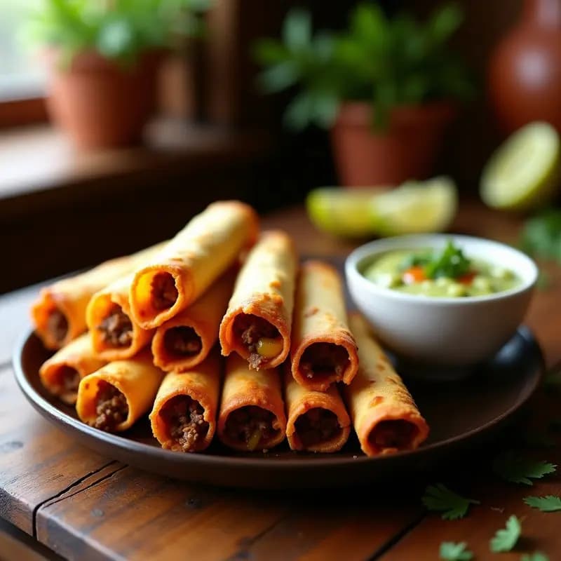 Taquitos Dorados de Carne y Queso con Salsa de Aguacate: Receta Mexicana para Antojos