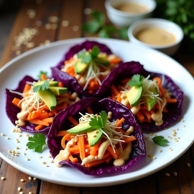 Taquitos de repollo morado y zanahoria con aderezo de tahini: Receta crudivegana en airfryer