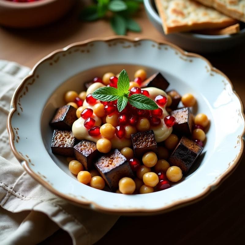 Tarian de Berenjena y Garbanzos con Salsa de Granados y Menta: Receta Armena Vegana y Sin Horno