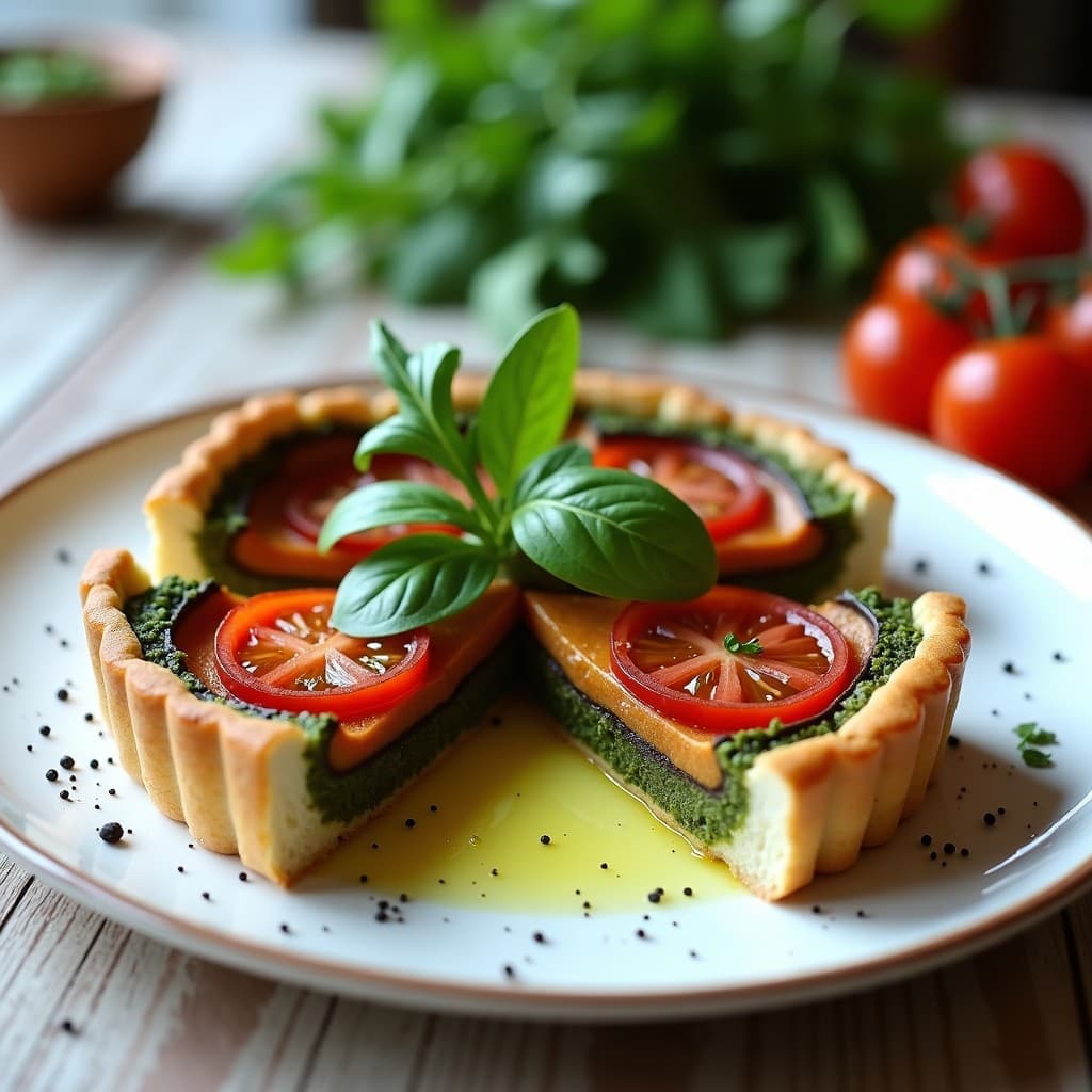 Tarta de Berenjena y Tomates Secos con Pesto de Rúcula: Receta Italiana Sin Horno y Vegana