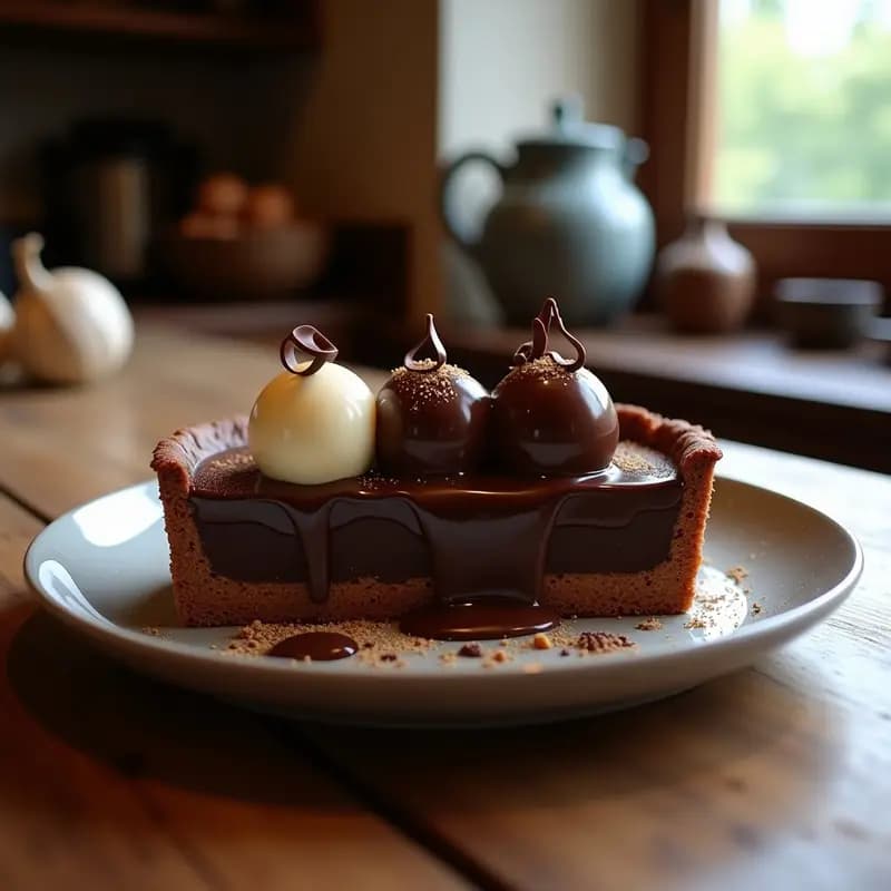 Tarta de Chocolate Liquido con Base de Dátiles y Topping de Helado de Ajo Negro: Postre Extremo