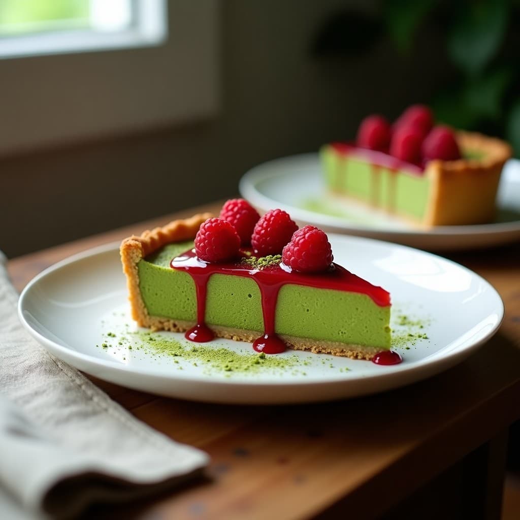 Tarta de Matcha y Quinoa con Salsa de Frambuesa: Postre Japonés Sin Gluten y Sin Azúcar