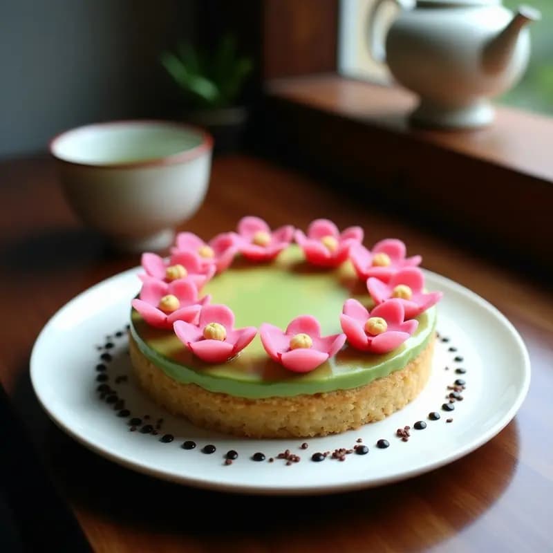 Tarta de Sakura y Matcha: Postre Japonés Vegano con flores de Cerezo