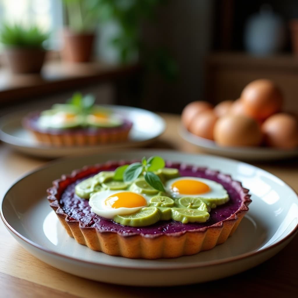 Tarta Salada de Base de Batata Morada con Crema de Aguacate y Huevos Pochados: Desayuno o Brunch Keto