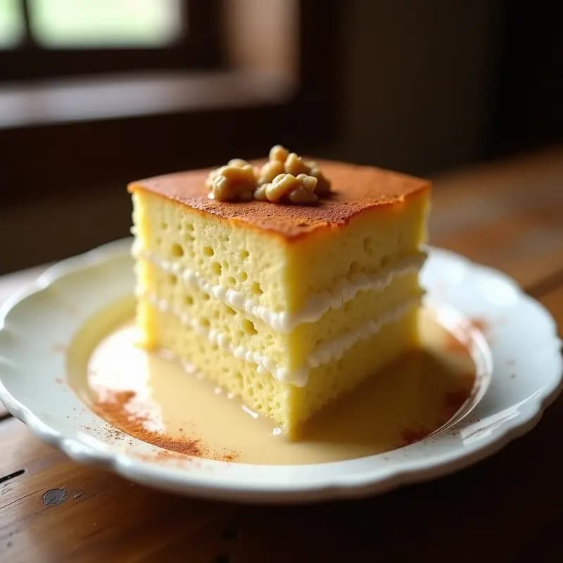 Tarta de tres leches dominicana: Postre esponjoso empapado en crema de leche evaporada y condensada
