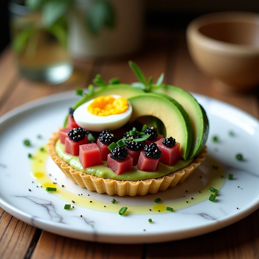 Tartaleta de Aguacate y Atún Rojo con Caviar de Berenjena: Receta Gourmet Sin Cocción