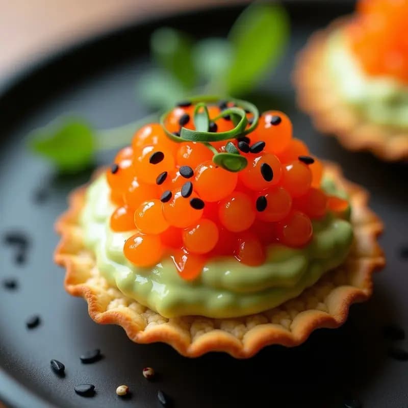 Tartaleta de Aguacate y Huevas de Tobiko con Salsa Sriracha: Entrante Japonés Gourmet