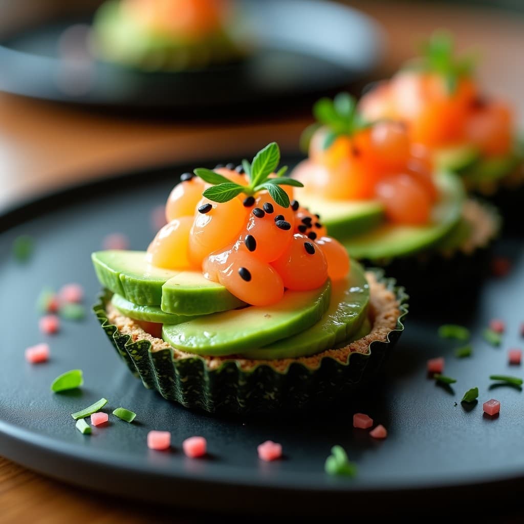 Tartaleta de Algas Nori con Aguacate y Huevas de Salmón: Entrante Crudivegano con Toque Japonés