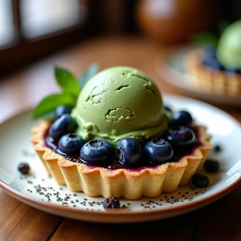 Tartaleta de Almendra y Arándanos con Helado de Té Verde: Postre Keto Sin Azúcar en 20 Minutos