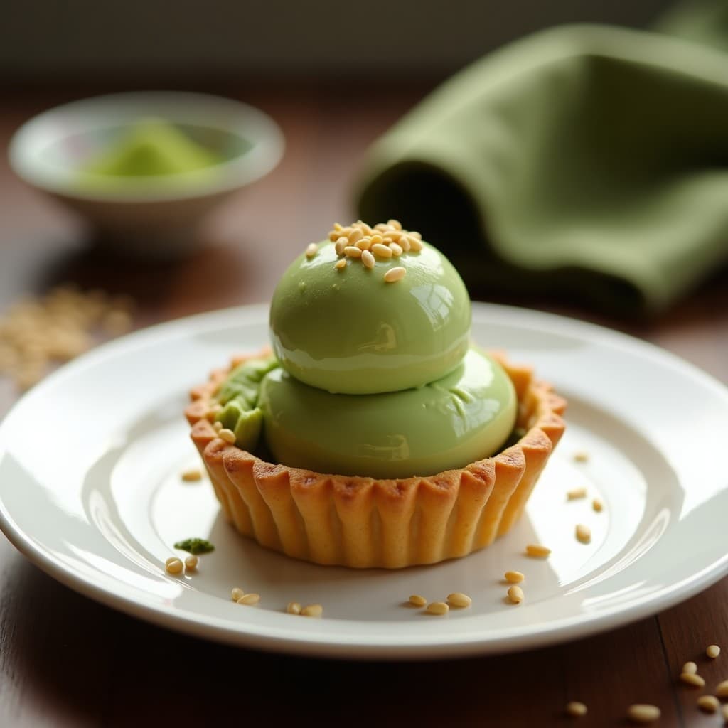 Tartaleta de almendra y miso con helado de té verde: Postre japonés gourmet sin gluten