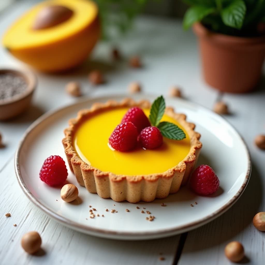 Tartaleta de Base de Avellana con Crema de Mango y Chía: Postre Francés Sin Gluten