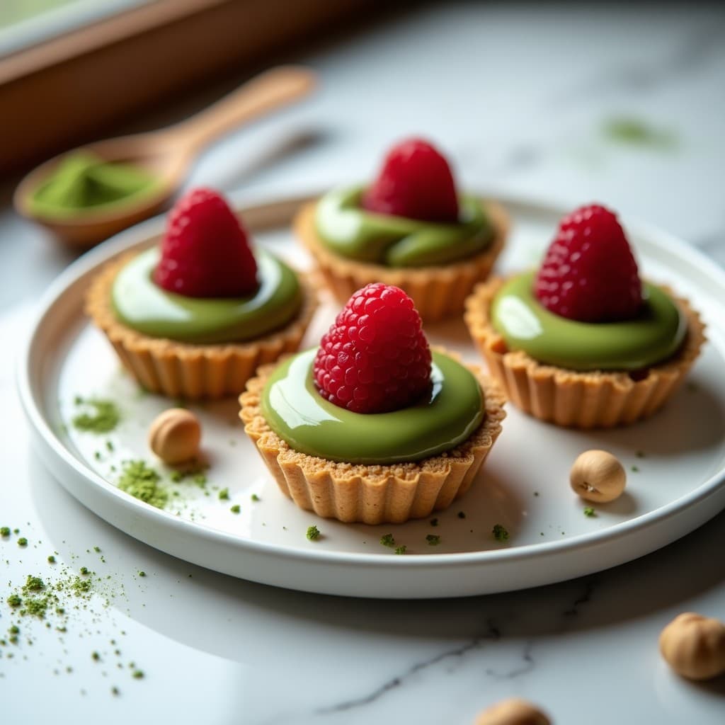Tartaleta de Base de Avellanas con Crema de Matcha y Frambuesas: Postre Keto